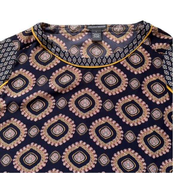Chelsea & Theodore Blouse Top Navy Medallion Print Boat Neck Long Sleeve Large - Picture 8 of 12